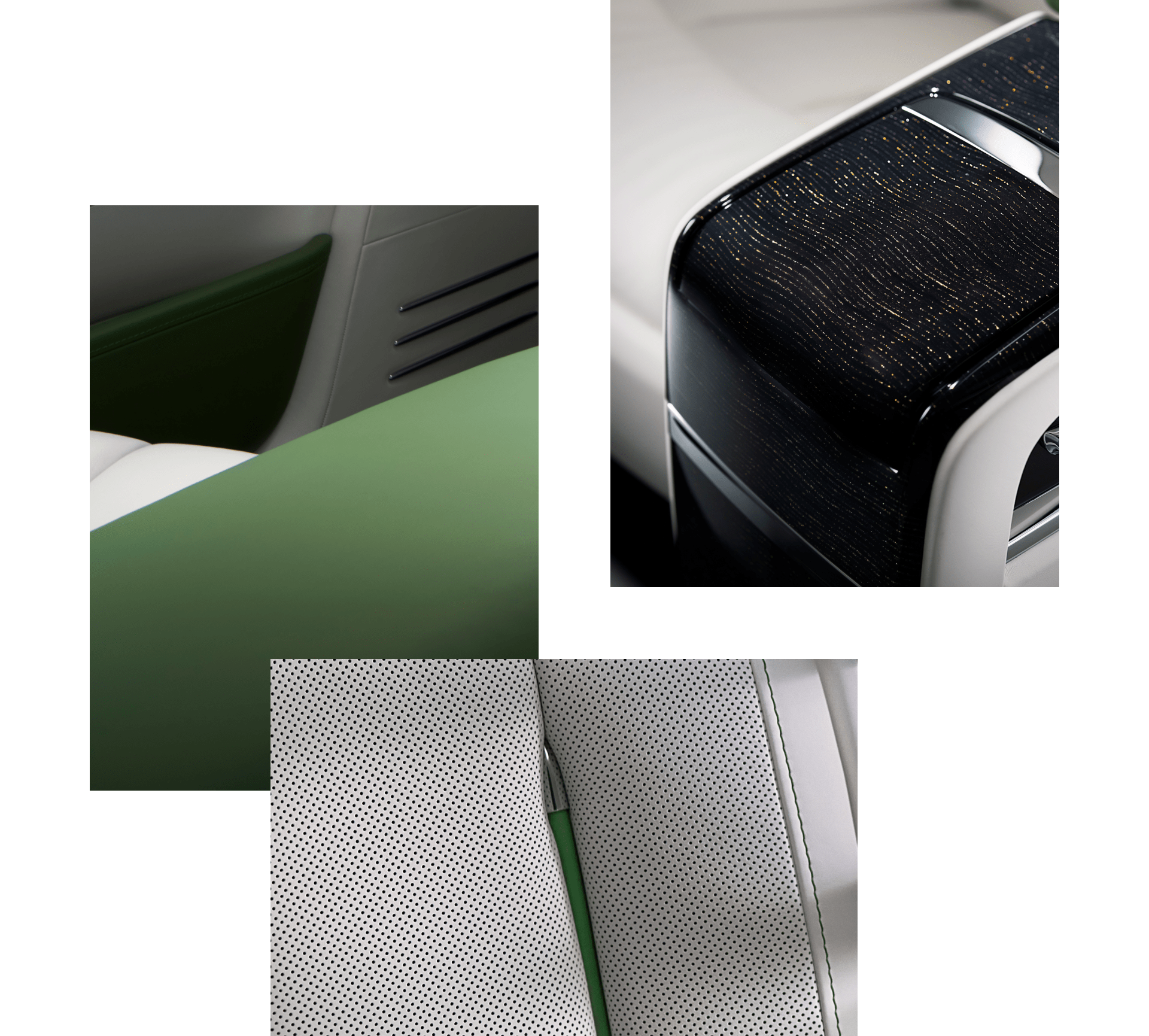 Collage of three images displaying details of the interior of a Rolls-Royce Phantom Extended car