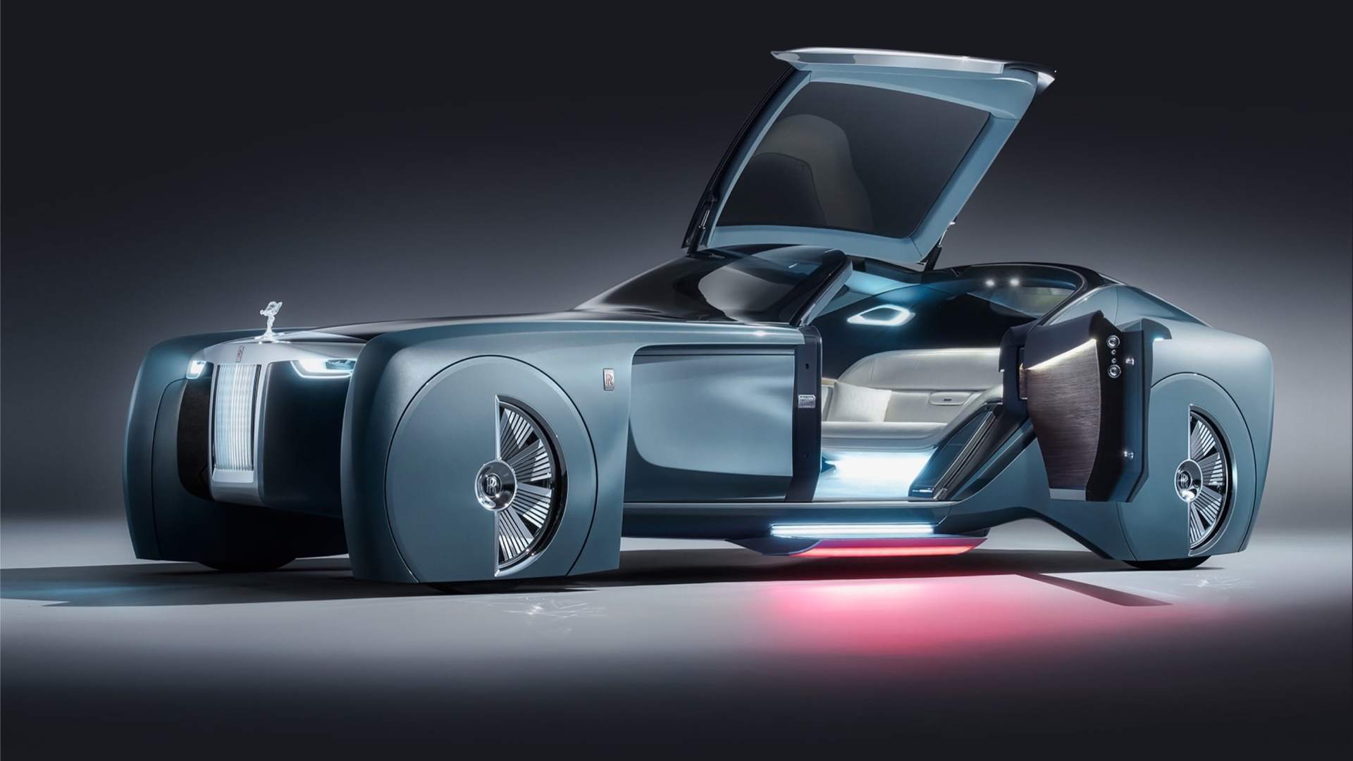 Exterior shot of the 103EX, a prototype electric vehicle by Rolls-Royce Motor Cars, with coach doors lifted.