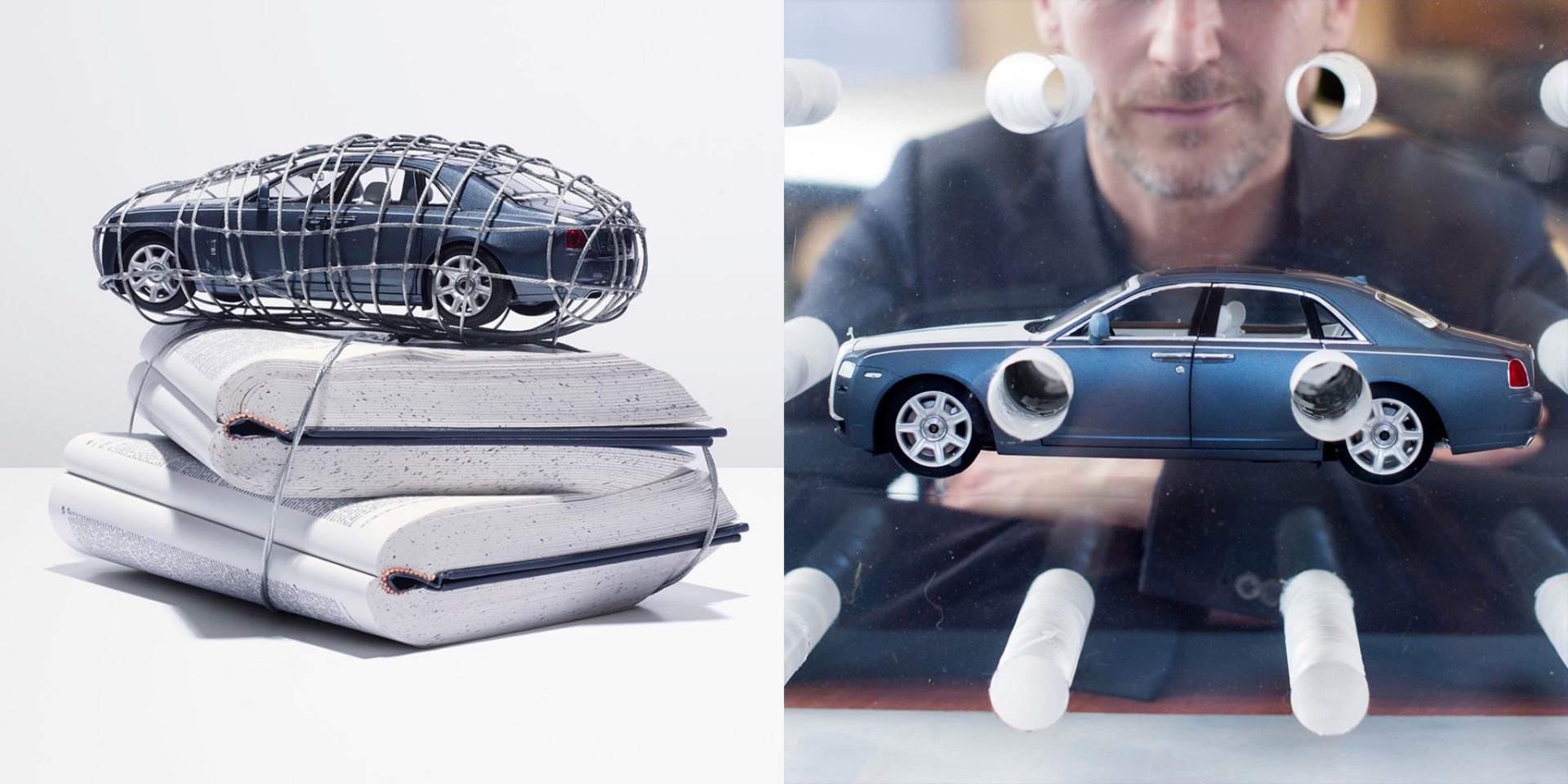 Two art pieces from the Masterpieces in Miniature collaboration. On the right, Charming Baker's "One in Eight", and on the left, Richard Wentworth's "Phantasmagoria"