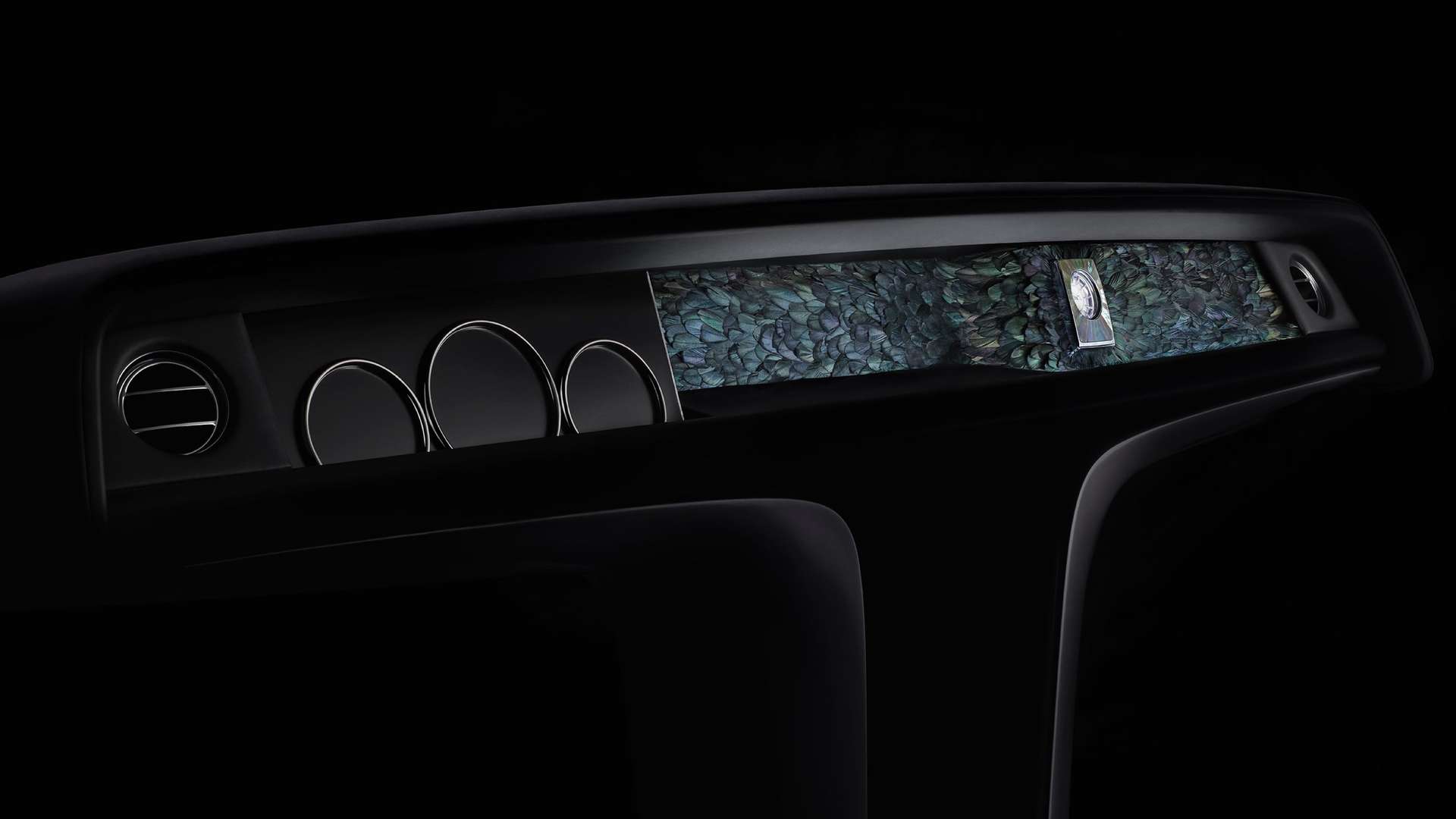 A close up of a Phantom Gallery artwork created using over 3,000 individually placed iridescent tail feathers