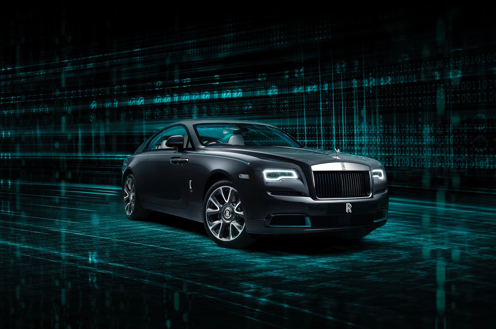 3/4 front full width image of Rolls-Royce Wraith Kryptos motor car in abstract, futuristic, digital setting
