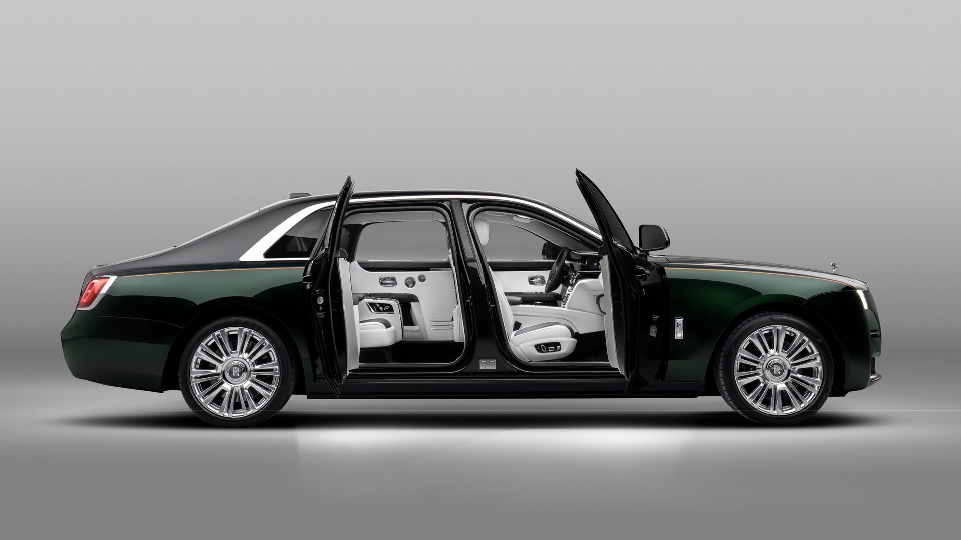 Side exterior view of the Rolls-Royce Ghost Extended motor car with doors open