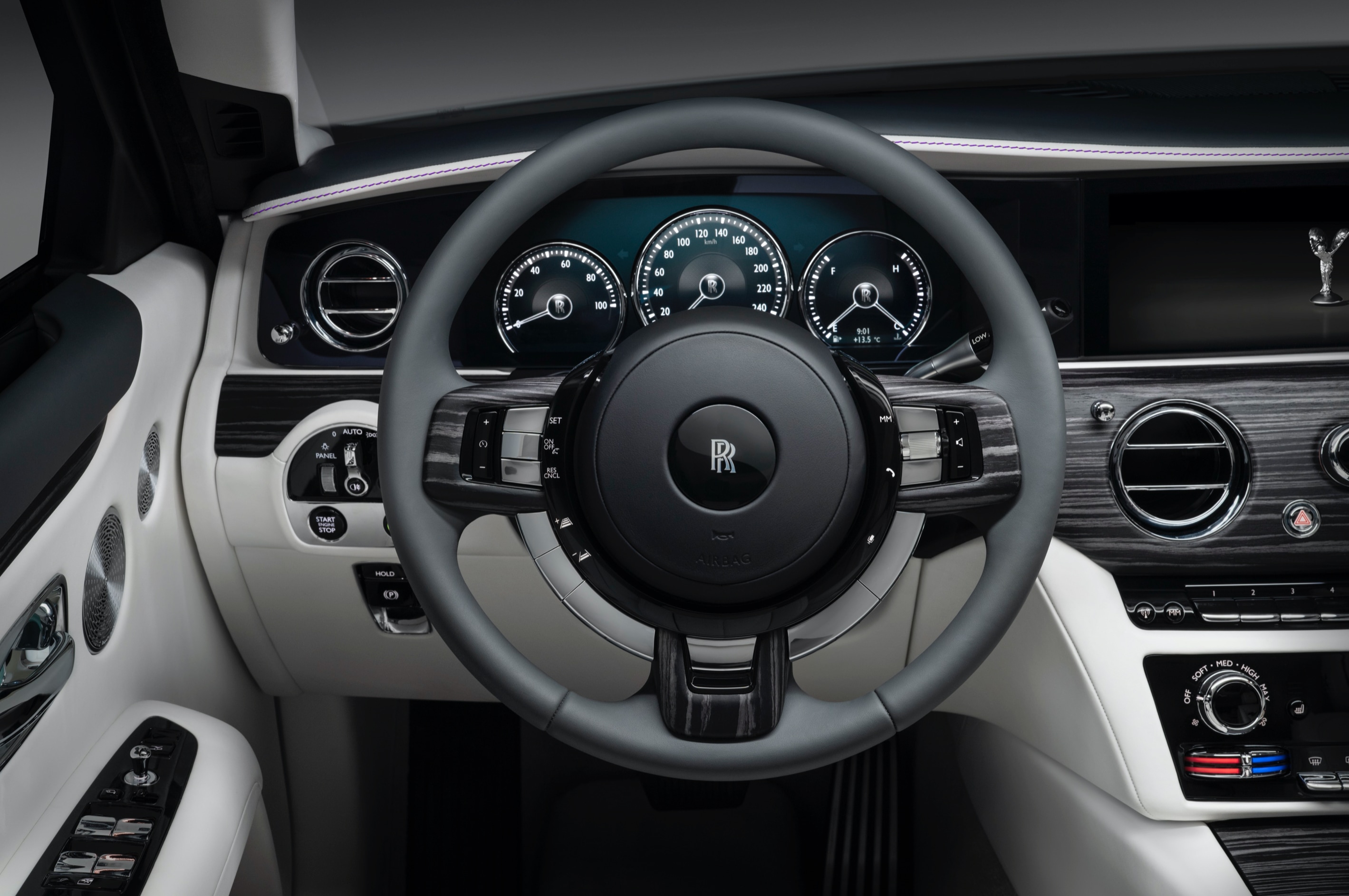 Steering wheel and interior of the Rolls-Royce Ghost Extended motor car