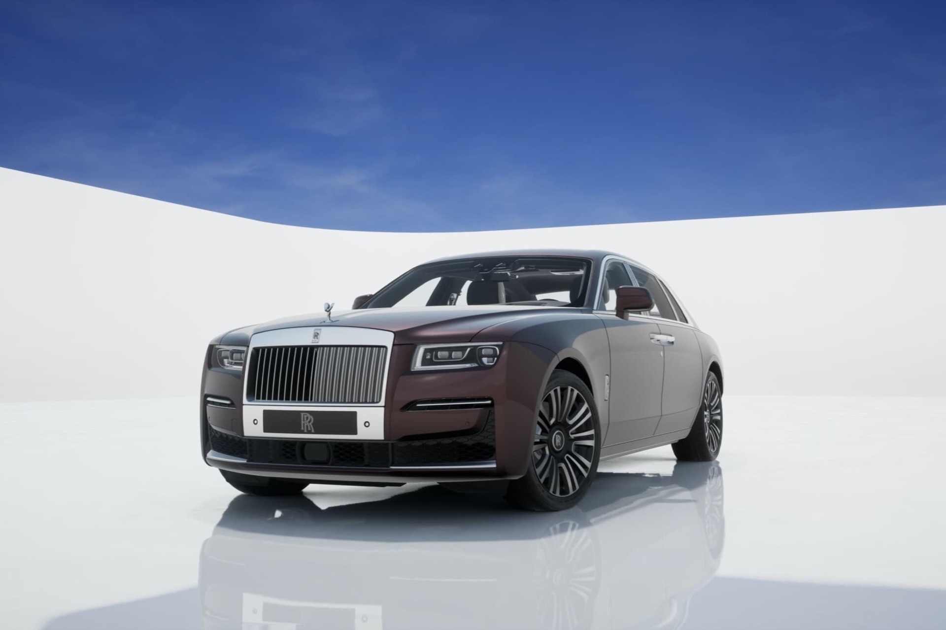 3/4 front exterior of stationary Rolls-Royce Ghost Extended motor car