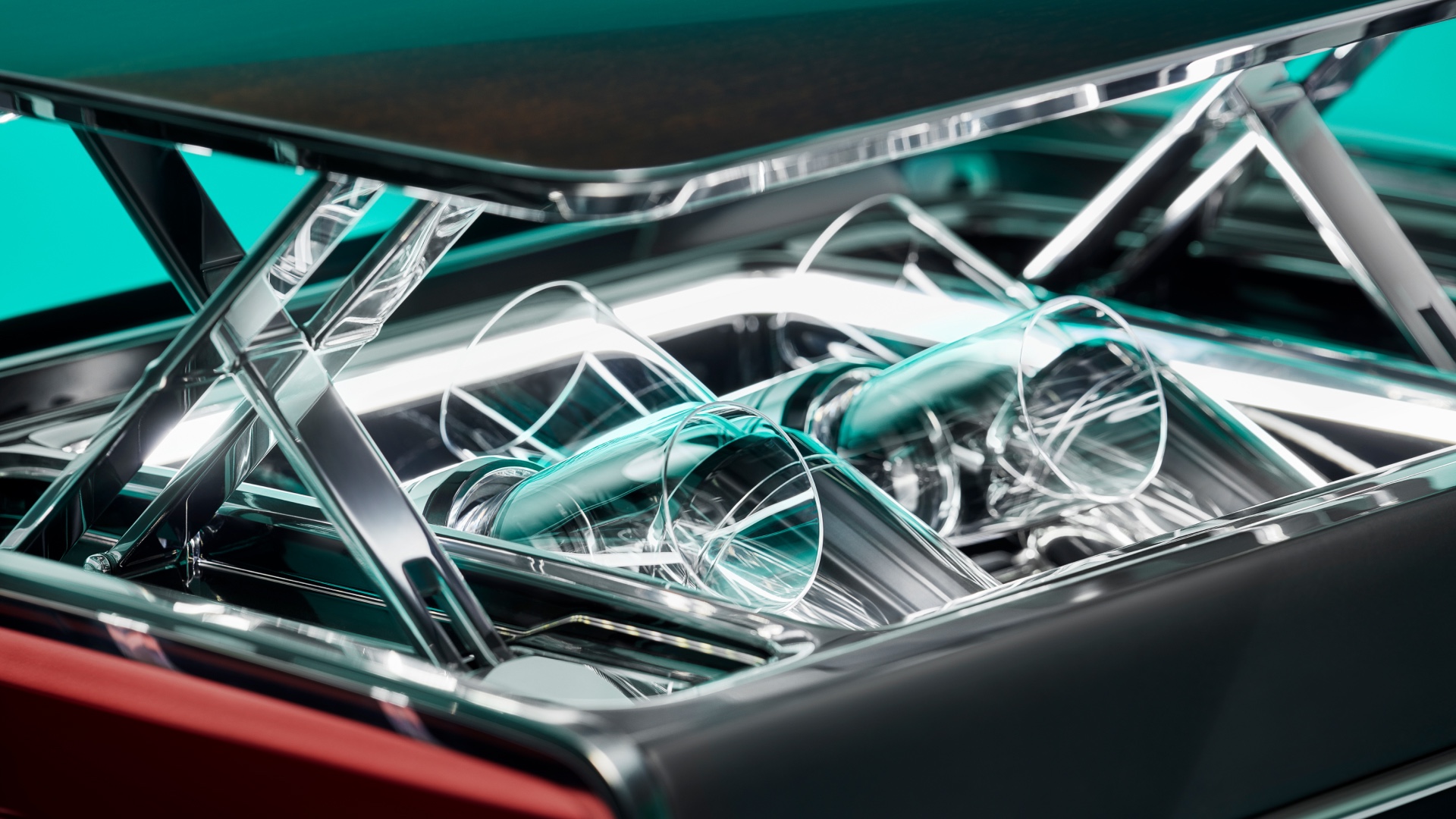 Detailed view of the Champagne Chest accessories open with 4 champagne flutes inside