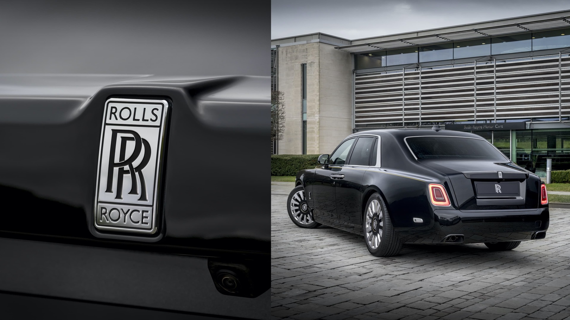 Badge of Honour detail and rear exterior shot of Rolls-Royce Black Badge Phantom motor car
