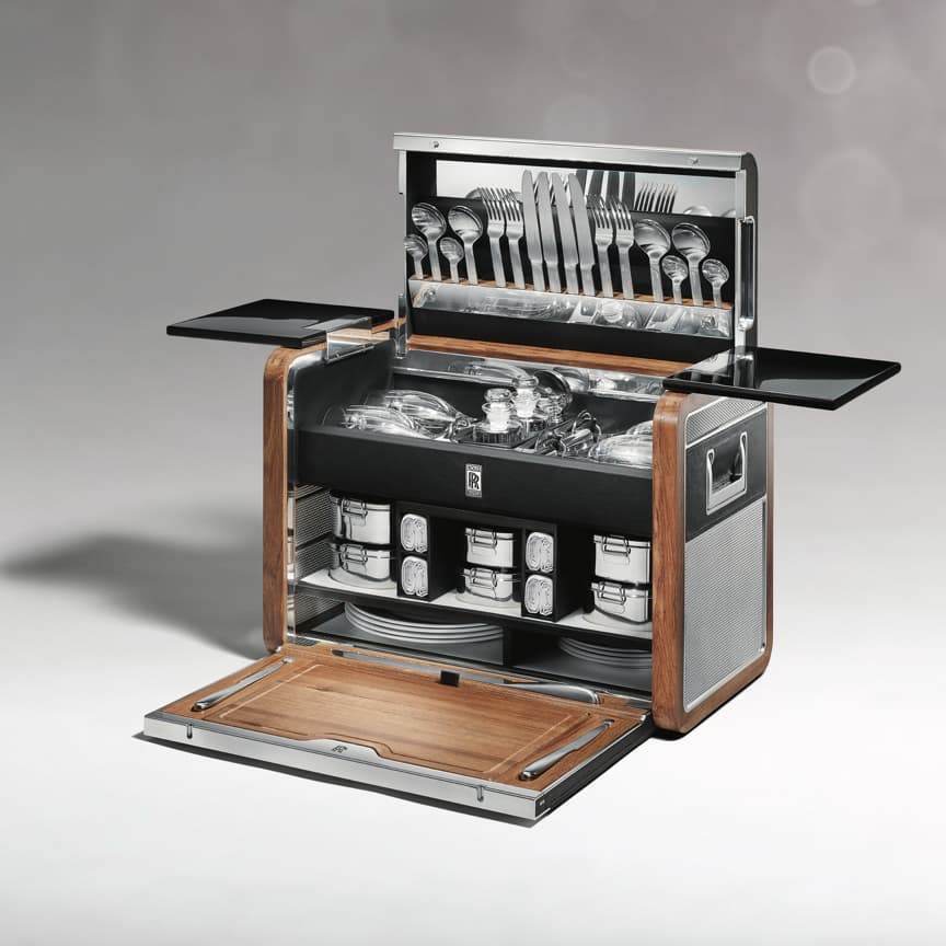 <p>劳斯莱斯野餐箱让每一次聚餐都如同驾车之旅一般充满乐趣，仿佛引领我们回到了那个人人向往户外野餐的美好时代。这款野餐箱不仅是一件实用的物品，更是一种唤起人们对社交活动无限向往与热情的象征。</p>
<p>野餐箱精选涂油柚木、鞍皮及抛光铝合金手工打造，内配铅玻璃水晶酒杯、Wedgwood陶瓷餐具以及手工锻造的不锈钢器具，足以让4位宾客享用一场精致优雅的野外盛宴。</p>
