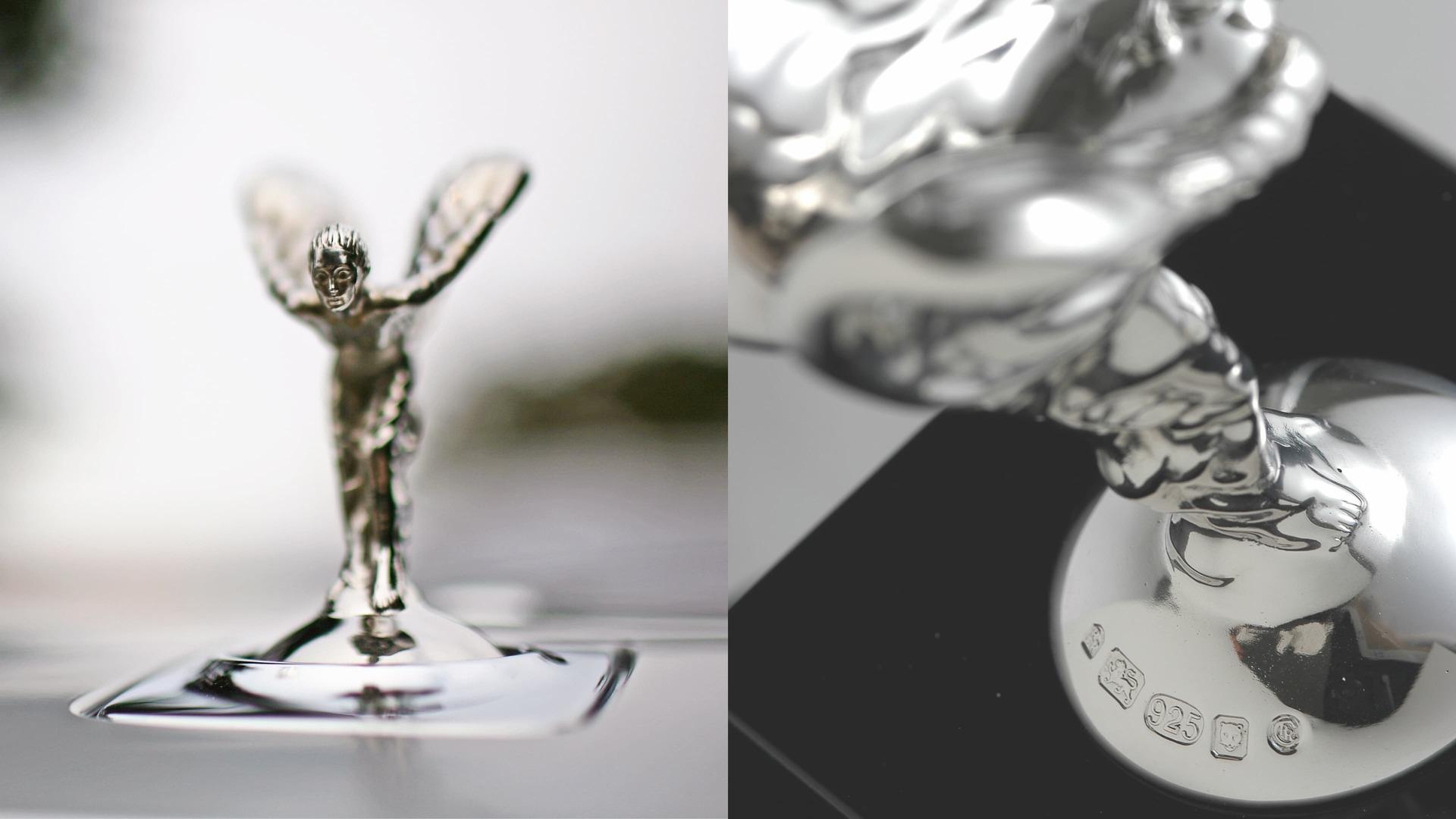 Solid sterling silver Spirit of Ecstasy with hallmark on Rolls-Royce motor car 