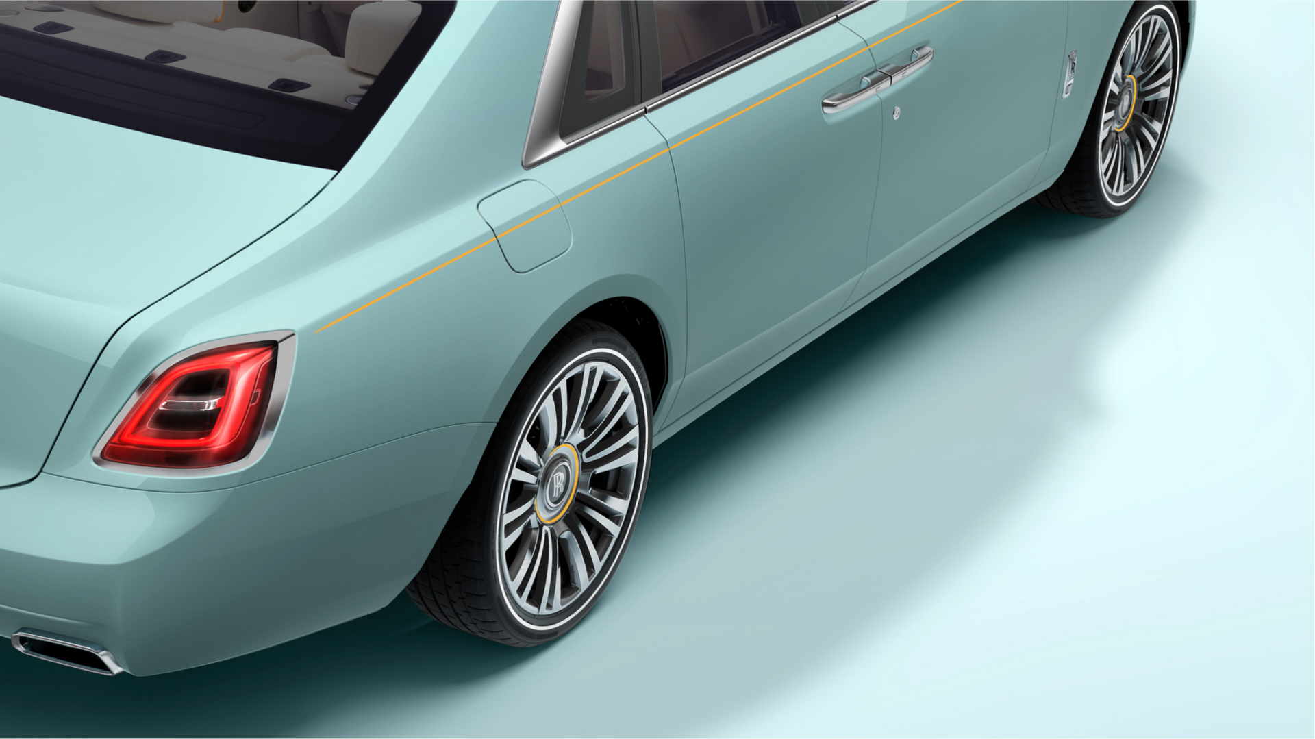 Close up of the rear wheel and tail light of the Duck Egg Blue Ghost