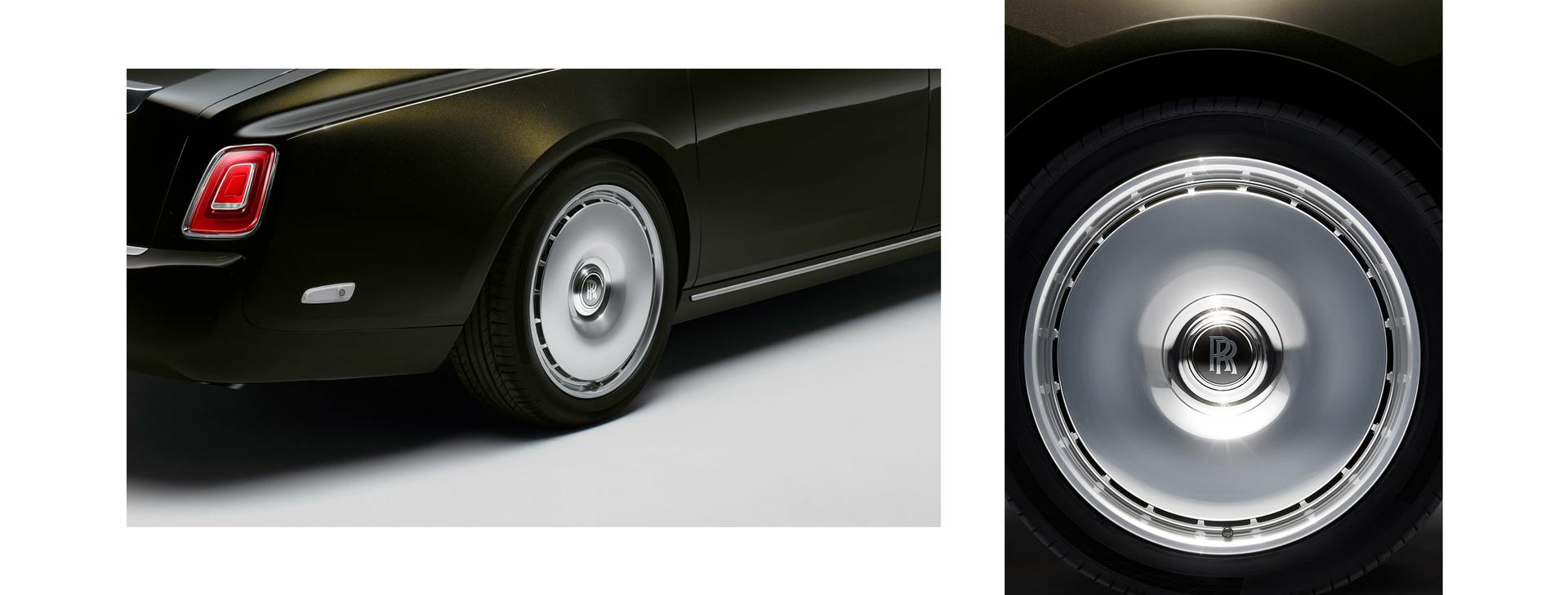 Two photos of the back wheel of a Rolls-Royce Phantom Extended spining