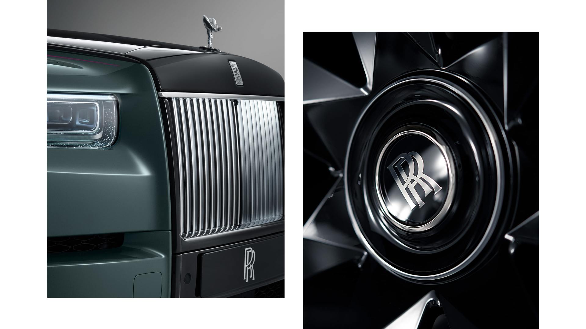 A collage of two images, A focused image on the top of the front grill and the SOE and zoomed in shot of Rolls-Royce logo found on the wheels of a Rolls-Royce Phantom Series II