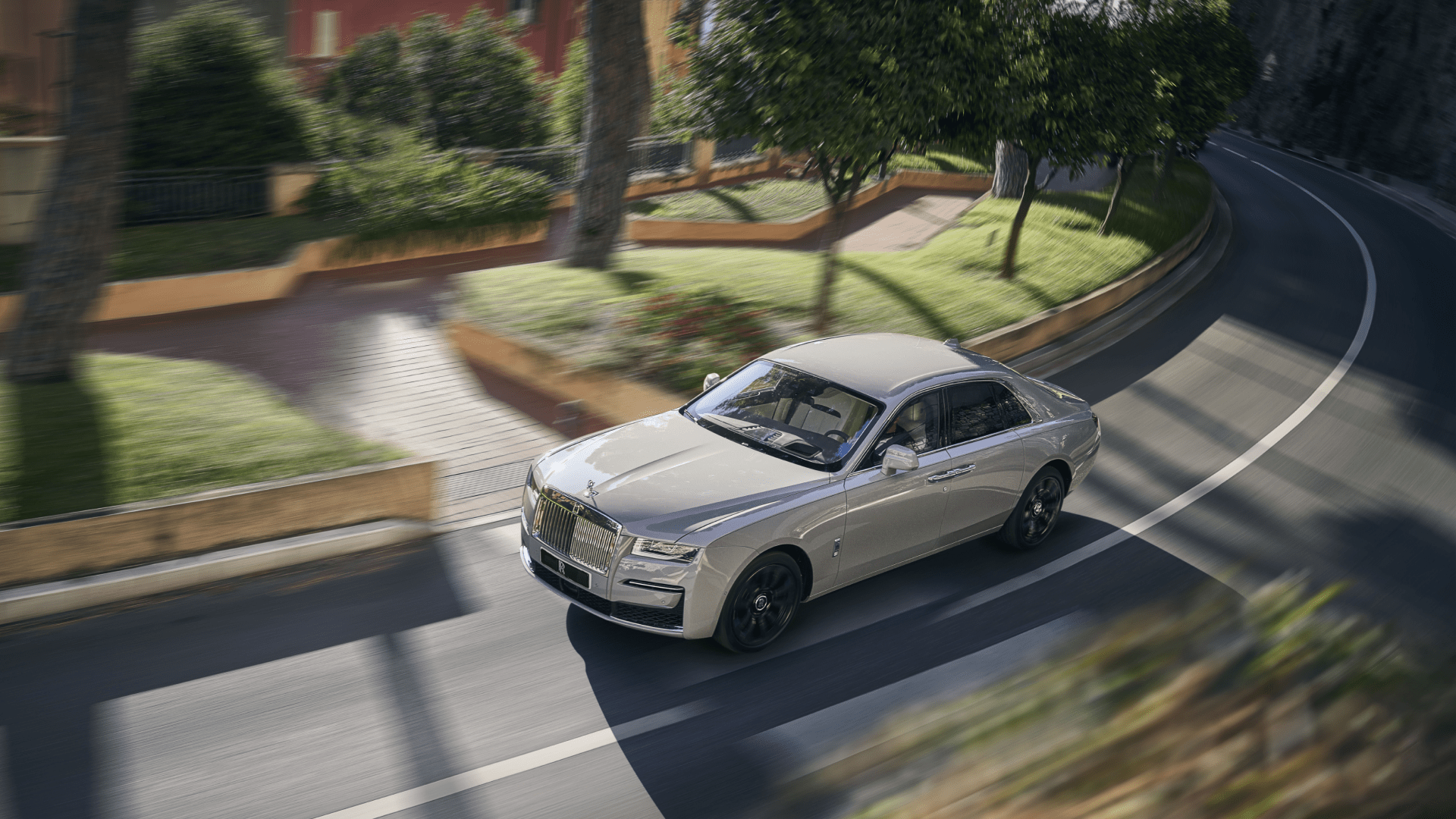 An aerial view of white Rolls-Royce Ghost 