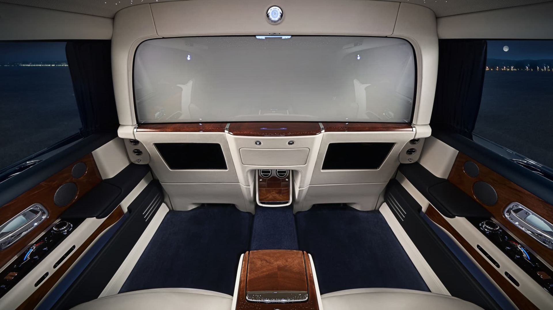 Interior view of rear passenger cabin of of Rolls-Royce Phantom Extended motor car