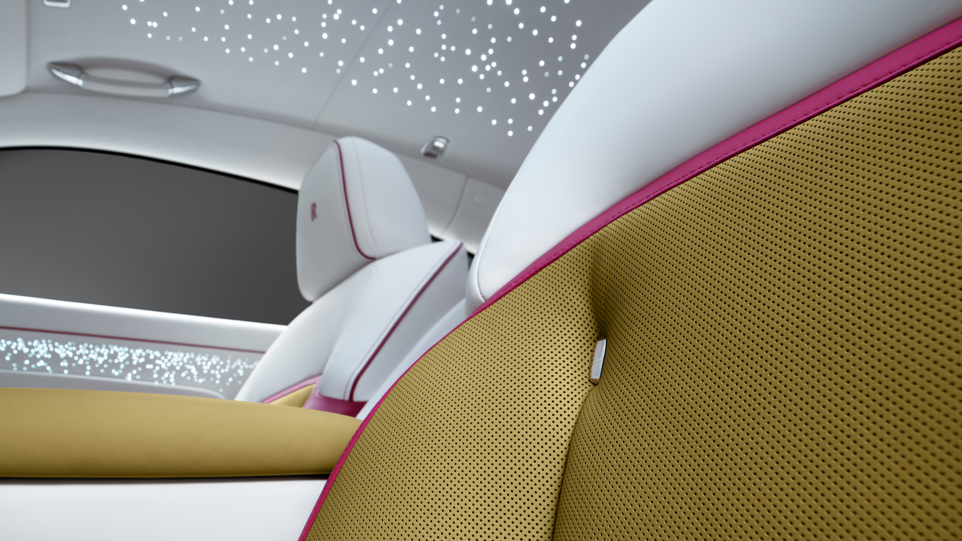 Pristine leather inside the Spectre with starred roof in the background